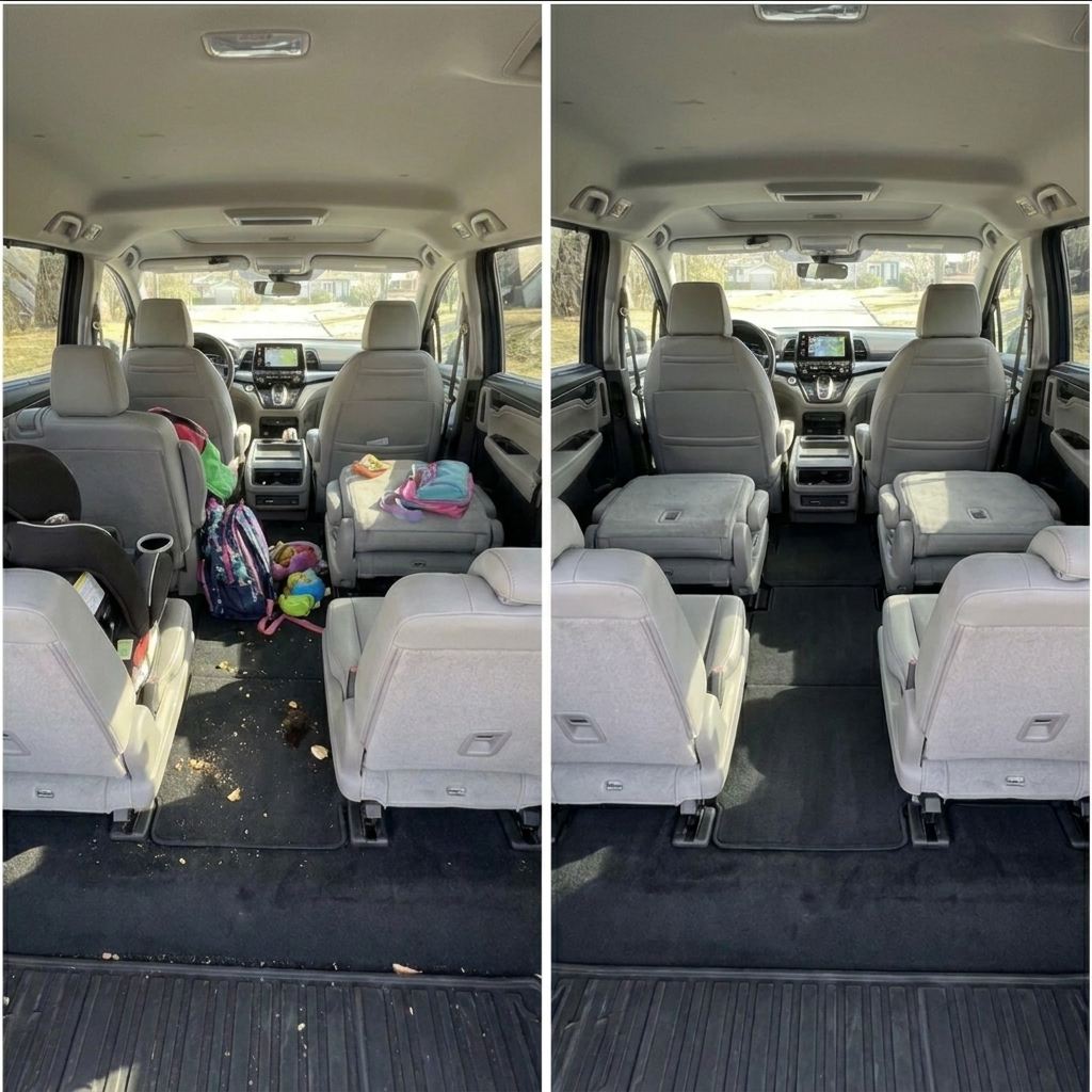 Rear vehicle interior before and after detailing